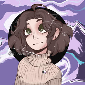 Image of a drawn woman with brown hair, green eyes, and white skin, and wearing a light brown sweater. The background is purple.